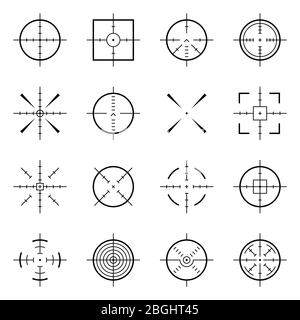 Simboli di messa a fuoco precisi e insoliti. Obiettivi di precisione, sparatutto icone vettoriali bersaglio. Illustrazione del centro di precisione, del bersaglio preciso, mirare a Bullseye Illustrazione Vettoriale