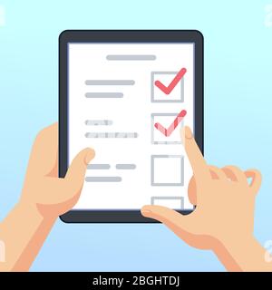 Mani in mano con tablet con modulo di sondaggio online e questionario. Concetto di vettore di feedback per il marketing mobile. Illustrazione dell'elenco di controllo e dell'elenco dei questionari, tablet con feedback Illustrazione Vettoriale