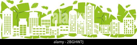 Città verde astratta con energia rinnovabile e generatori eolici. Conservazione dell'ambiente e concetto di ecologia. Illustrazione vettoriale. Illustrazione Vettoriale