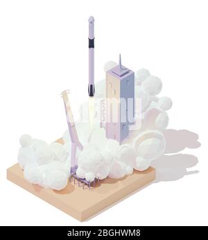 Lancio di razzo spaziale isometrico vettoriale. Piattaforma di lancio per navicella spaziale moderna. Il razzo si solleva dalla piattaforma di lancio Illustrazione Vettoriale