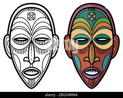 Pagina di colorazione della maschera tribale storica indiana azteca, africana, messicana. Illustrazione vettoriale Illustrazione Vettoriale