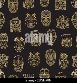 Maschera tribale storica azteca indiana e africana dorata sfondo con motivo senza cuciture. Illustrazione vettoriale Illustrazione Vettoriale