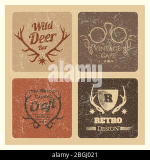 Set di etichette per hipster vintage. Vettore di collezione di logo Grunge alla moda per caffè e illustrazione del marchio Illustrazione Vettoriale