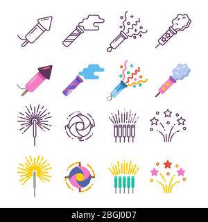Dinamite Festival, fuochi d'artificio partito, scintilla festiva, linea pirotecnica vacanza e le icone silhouette. Illustrazione vettoriale Illustrazione Vettoriale