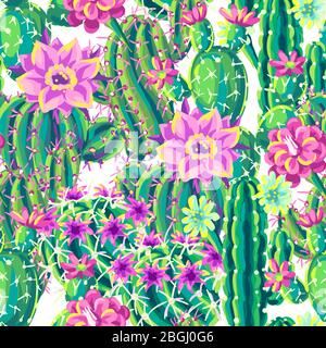 Motivo senza cuciture con cactus e fiori. Illustrazione Vettoriale