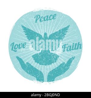 Grunge colomba la pace volando da mani isolate. Amore, libertà e religione concetto di espressione vettoriale Illustrazione Vettoriale