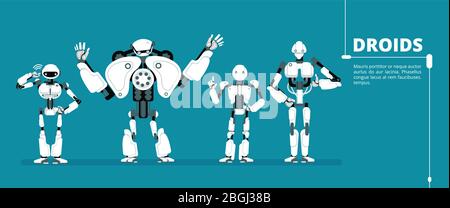 Robot da cartone animato android, gruppo cyborg. Sfondo futuristico vettore di intelligenza artificiale. Robot ai robotico, cyber e cyborg, illustrazione di macchine umanoidi android Illustrazione Vettoriale