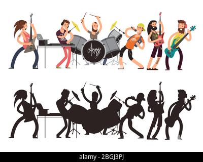 Spettacolo musicale con giovani musicisti. Rock Concert Vector Flat Concept. Set di personaggi cartoni animati e silhouette musiciste. Illustrazione del batterista e della banda Illustrazione Vettoriale