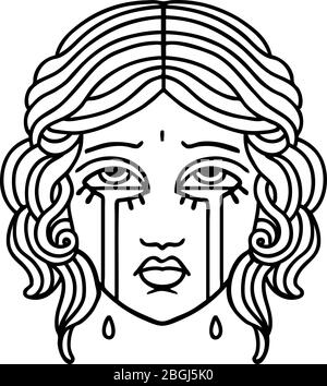 tatuaggio in stile linea nera di faccia femmina piangente Illustrazione Vettoriale