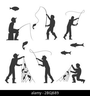 Silhouette di pesci e pescatori isolate su sfondo bianco. Pesca sportiva e tempo libero. Illustrazione vettoriale Illustrazione Vettoriale