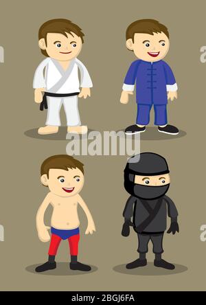 Illustrazione vettoriale dell'abbigliamento e dell'abbigliamento per arti marziali, Karate, kungfu cinese, wrestling, ninja giapponese Illustrazione Vettoriale