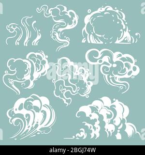 Fumetto bianco e nubi di polvere. Vapore vettoriale a fumetti isolato. Fumetti linea nuvola polvere e nebbia, effetto bolla aria illustrazione Illustrazione Vettoriale