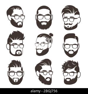 Bell'uomo hipster bearded con baffi e moderni avatar vettoriali di pettinatura maschile isolati. Faccia con barba e baffi, illustrazione del carattere della silhouette gentleman Illustrazione Vettoriale