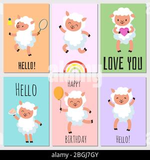 Buon compleanno, amore e ciao carte con simpatico cartone animato baby pecore. Illustrazione vettoriale Illustrazione Vettoriale