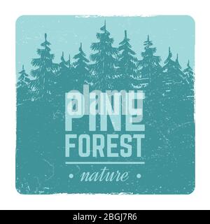 Schizzo vintage banner e poster natura pino e abete albero foresta vettore emblema retro con silhouette alberi illustrazione Illustrazione Vettoriale