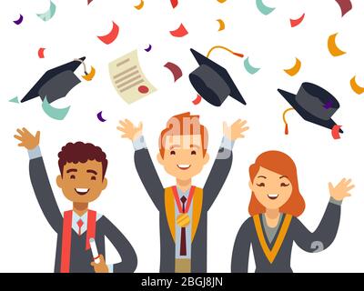 Giovani laureati felici con cappe laureate e confetti cadenti. Cerimonia di realizzazione della scuola termina l'educazione. Illustrazione vettoriale Illustrazione Vettoriale