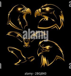 Aquila d'oro, mascotte vettore falco set. Shine Eagles vettore isolato su sfondo nero illustrazione Illustrazione Vettoriale