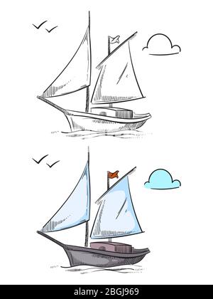 Nave da colorazione con campione colorato. Imbarcazione disegnata a mano isolata su sfondo bianco. Illustrazione vettoriale Illustrazione Vettoriale