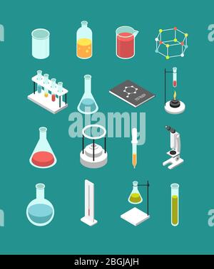 Apparecchiature di laboratorio chimico 3d isometriche. Chimica attributi icone vettoriali isolate. Ricerca chimica, attrezzatura chimica e illustrazione della medicina Illustrazione Vettoriale