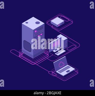 Sincronizzazione del computer, gestione della rete dati. Dispositivi isometrici, server di rete. Concetto vettoriale della tecnologia di storage cloud. Elaborare la comunicazione del database nell'illustrazione di hosting Illustrazione Vettoriale