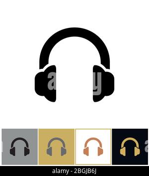 Icona delle cuffie, simbolo audio delle cuffie o stereo delle cuffie su sfondi oro, nero e bianco, illustrazione vettoriale Illustrazione Vettoriale