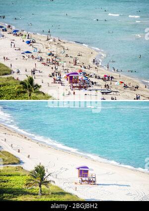 Miami Beach Florida, North Beach, Atlantic Ocean Water, solarium, spiagge pubbliche, sabbia, ombrelloni, spiaggia, stazione della torre del bagnino, affollata, Miami BE Foto Stock