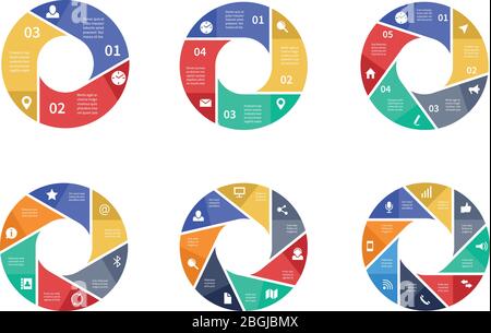 Infografica circolare sulla tecnologia con opzioni sulle frecce. Grafici informativi di lavoro di squadra. Infografica sui processi aziendali vettoriali con passaggi. Grafico rotondo, diagramma circolare grafico struttura Illustrazione Vettoriale