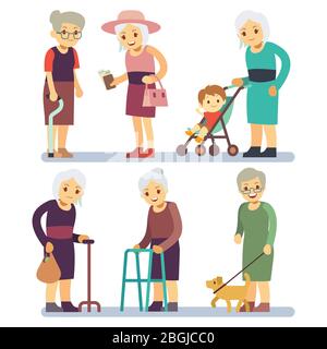 Set di personaggi cartoni animati di vecchie donne. Donne anziane in situazione differente. Donna anziana, personaggio con cane a piedi, varie nonna pensionato illustrazione Illustrazione Vettoriale