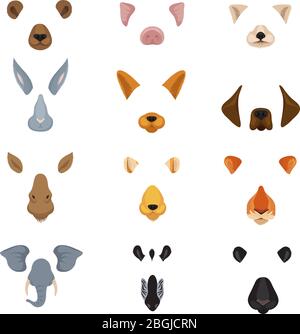 Divertenti volti di animali per l'app per la videografica del telefono. Cartoon animali orecchie e nasi vettore set. Immagine della maschera di effetto divertente e del viso animale Illustrazione Vettoriale