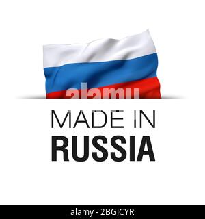 Made in Russia - etichetta di garanzia con bandiera russa ondulata. Foto Stock