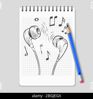 Cuffie disegnate a mano e note musicali sulla pagina realistica del notebook. Musica sketch stereo cuffie, illustrazione vettoriale Illustrazione Vettoriale