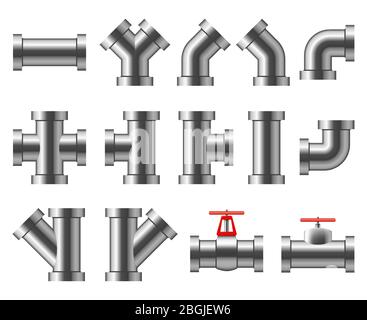 Tubi in argento. Pipeline in alluminio e cromo. Raccordi per tubi, set di vettori per tubi dell'acqua. Sistemi di tubazioni e condutture, edilizia industriale per l'illustrazione delle reti fognarie Illustrazione Vettoriale