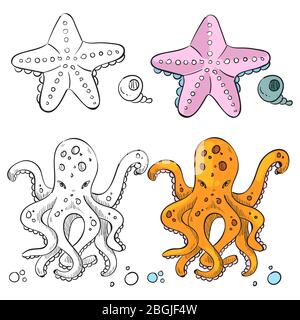 Ocean vita colorazione pagina design. Stelle marine e polpo isolati su sfondo bianco. Illustrazione vettoriale Illustrazione Vettoriale