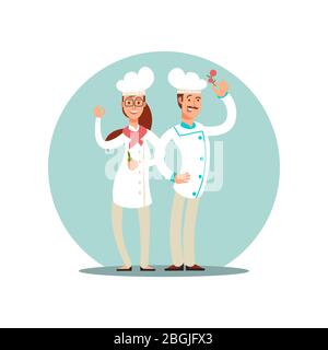 Chef sorridenti del ristorante, cuochi professionisti in cucina uniforme caratteri piatti icona isolato su bianco illustrazione Illustrazione Vettoriale
