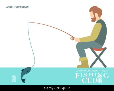 Pesca sfondo banner design con pescatore, pesce e attrezzature. Illustrazione vettoriale Illustrazione Vettoriale