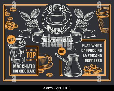 Menu caffè. Volantino con coffee shop disegnato a mano. Cappuccino e poster vettoriale al cioccolato caldo. Caffè in latte, tazza americana, caffè e caffè Illustrazione Vettoriale