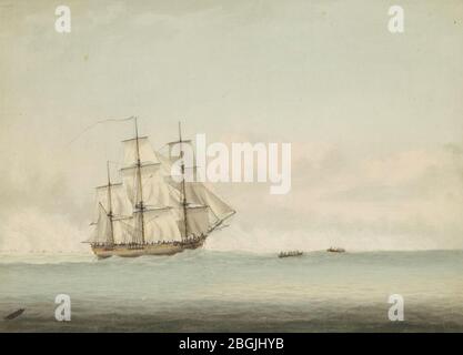 HMS Endeavour al largo della costa di New Holland, da Samuel Atkins c.1794. Foto Stock