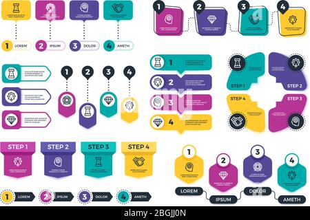 Infografica. Grafici e diagrammi di Business Finance per la presentazione. Elementi vettoriali del menu Pianificazione e della timeline. Illustrazione del progetto di visualizzazione dei passi di avanzamento Illustrazione Vettoriale