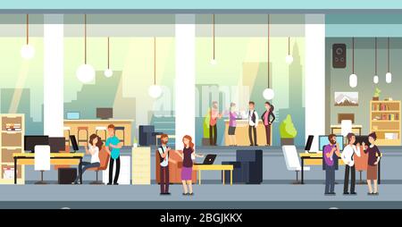 Colleghi in ufficio. Persone in coworking ufficio open space, spazio di lavoro. Dipendenti che parlano e brainstorming di background vettoriale. Illustrazione dello spazio di lavoro per ufficio, lavoro di lavoro di lavoro di lavoro di gruppo, lavoro di squadra di società Illustrazione Vettoriale