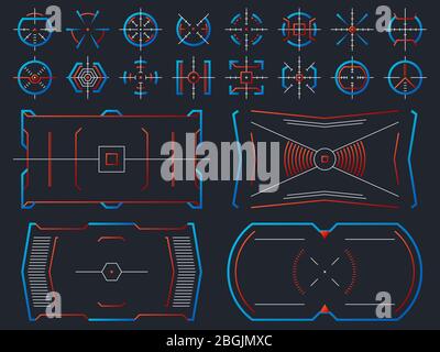 Design futuristico con schermo virtuale high tech. Sistemi di computer pannello hud con tracciamento di frame di puntamento set vettoriale. Illustrazione della gui interattiva, mirino visivo a croce Illustrazione Vettoriale