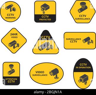 Telecamera di sicurezza cctv, sorveglianza telecamere per esterni adesivi di allarme vettoriale. Sicurezza video, controllo di visione cctv, sorveglianza e illustrazione della sicurezza Illustrazione Vettoriale