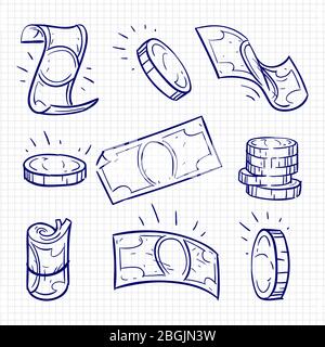 Penna a sfera che disegnano denaro e monete isolato sulla pagina del notebook. Illustrazione vettoriale Illustrazione Vettoriale