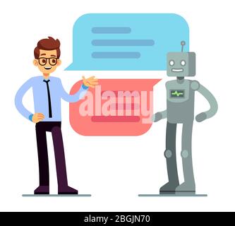 Uomo che chiacchiera e chiede aiuto bot. Concetto di vettore chatbot. Servizio online di chat bot, supporto robot illustrazione chat Illustrazione Vettoriale