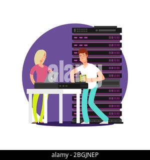 Amministratori del server dei caratteri cartoon flat. Uomo e donna lavorano con database e server informatici, e con l'illustrazione vettoriale Illustrazione Vettoriale