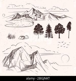 Disegno manuale di montagne, picchi nuvole, sole e alberi di foresta su sfondo sporco grunge. Illustrazione vettoriale Illustrazione Vettoriale