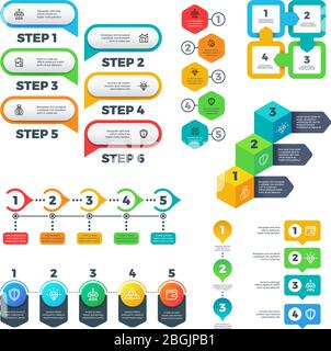 Grafici infografici. Grafici a barre, elementi di fasi e opzioni, diagrammi di flusso e sequenza temporale. Set di vettori utili. Illustrazione del flusso di lavoro delle opzioni di visualizzazione numerato dei passaggi di processo Illustrazione Vettoriale