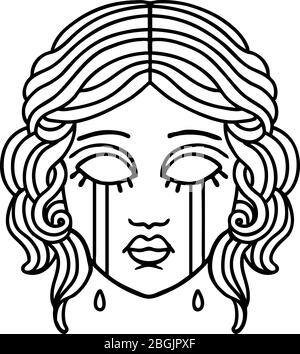 tatuaggio in stile linea nera di faccia femmina piangente Illustrazione Vettoriale