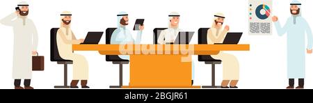 Gruppo di imprenditori arabi a tavola in incontro di bisiness. Uomini arabi sauditi cartoni animati vettori. Gruppo uomo d'affari saudi team in ufficio illustrazione Illustrazione Vettoriale