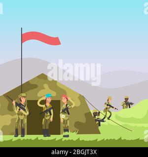 Militari militari addestramento vettoriale illustrazione. Soldati cartoon, tenda sul paesaggio Illustrazione Vettoriale