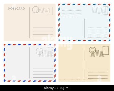 Modelli di cartoline di viaggio. Saluti posta cartoline backside vettore set. Spazio vuoto postale per l'illustrazione della posta Illustrazione Vettoriale